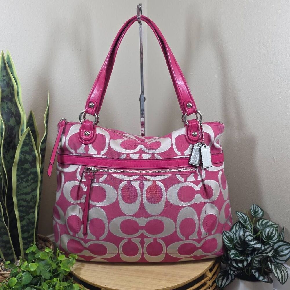 Coach Poppy Metallic Signature Sateen Glam Tote